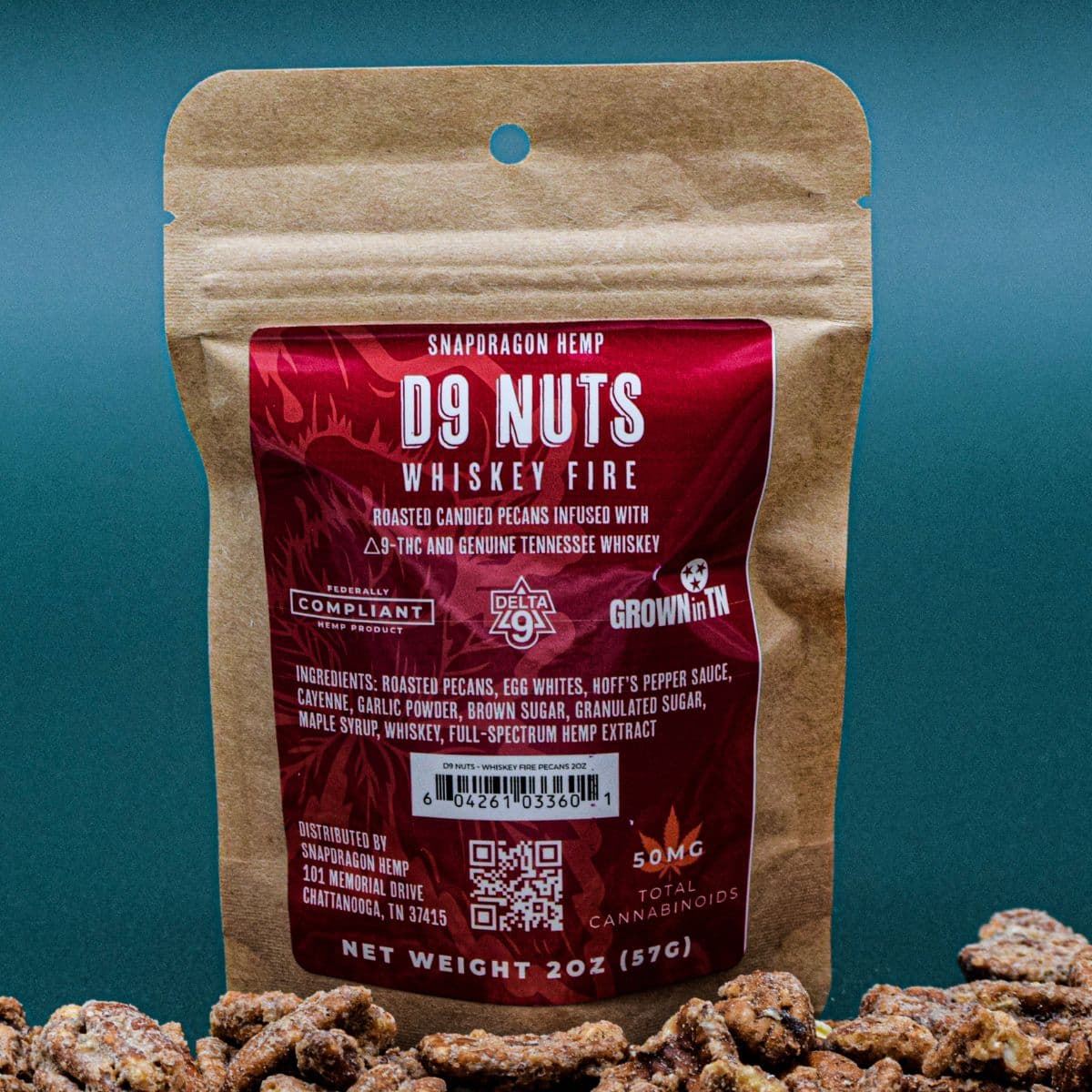 Delta-9 THC Infused Pecans: Sweet Bourbon & Whiskey Fire, 2oz 50mg and 6oz 150mg