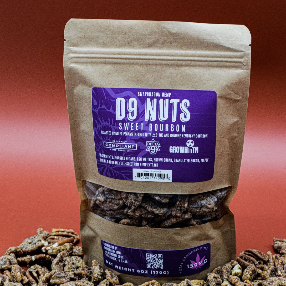 Delta-9 THC Infused Pecans: Sweet Bourbon & Whiskey Fire, 2oz 50mg and 6oz 150mg